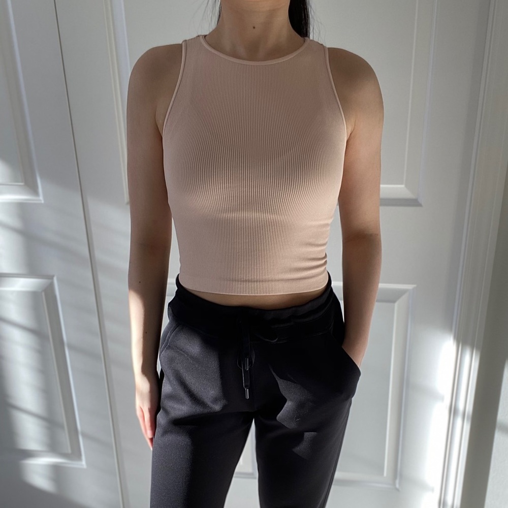 ❗️(LAST) EVERYDAY - Pink OS High Neck Ribbed Casual Basic Crop Tank Top